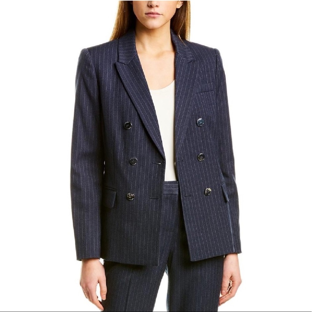 Tahari ASL Navy Pinstripe Double Breasted Blazer